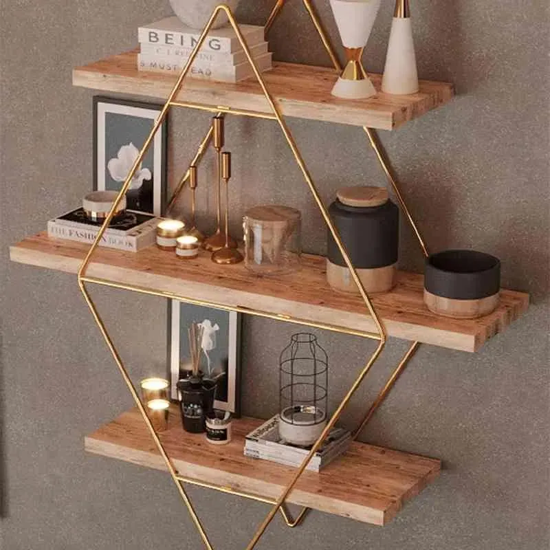 Racks Prism Solid Wall 3 Shelf Kitchen Bathroom Bookcase Large Size Premium Natural Wood Gold and Black Color Metal Modern Decorative X0