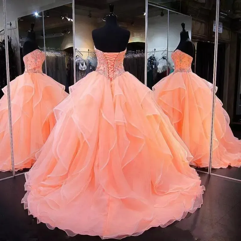 Red Organza Sweet 16 Quinceanera Dresses Sequins Applique Beaded Sweetheart Ball Gown S26634 main image 0