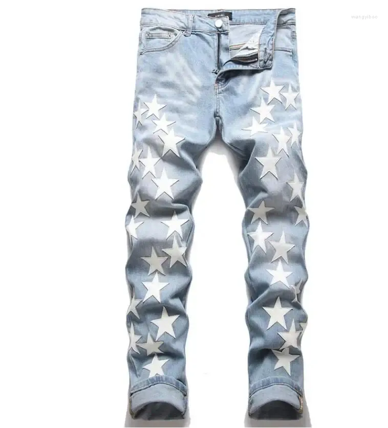 Herren Jeans Blue Men Stars Jean zerrissener Distressing Denim Stretch Dünne Jungen gedruckt gerade Beinhosen Hosen