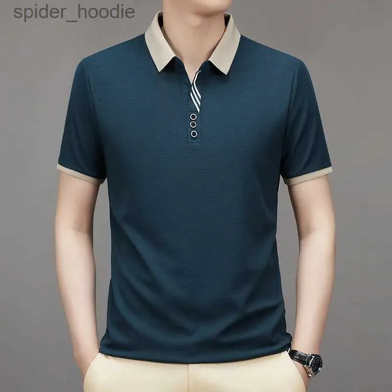 Polos męski 2023 koszule Men Business Normal krótkie w paski z krótkim slerem Fit Fit Tshirt Work Summer Korean Solid Clothing L231222