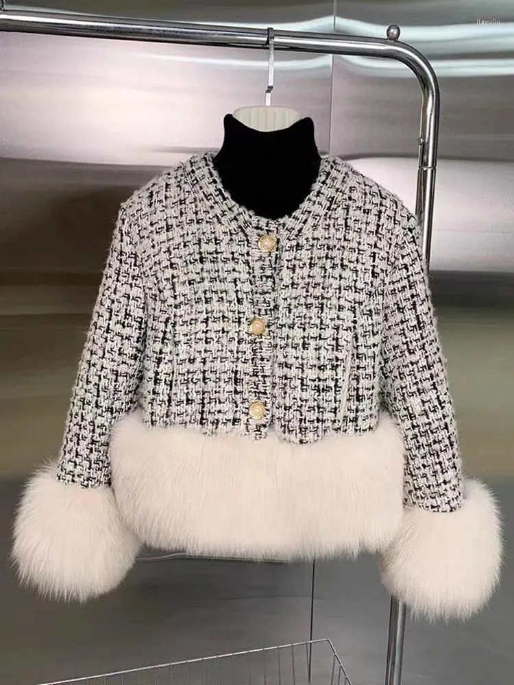 Women's Jackets 2024 Small Fragrant Tweed Jacket For Women Long Sleeve Faux Fur Spliced O-neck Coat 2023 Autumn Winter Clothes