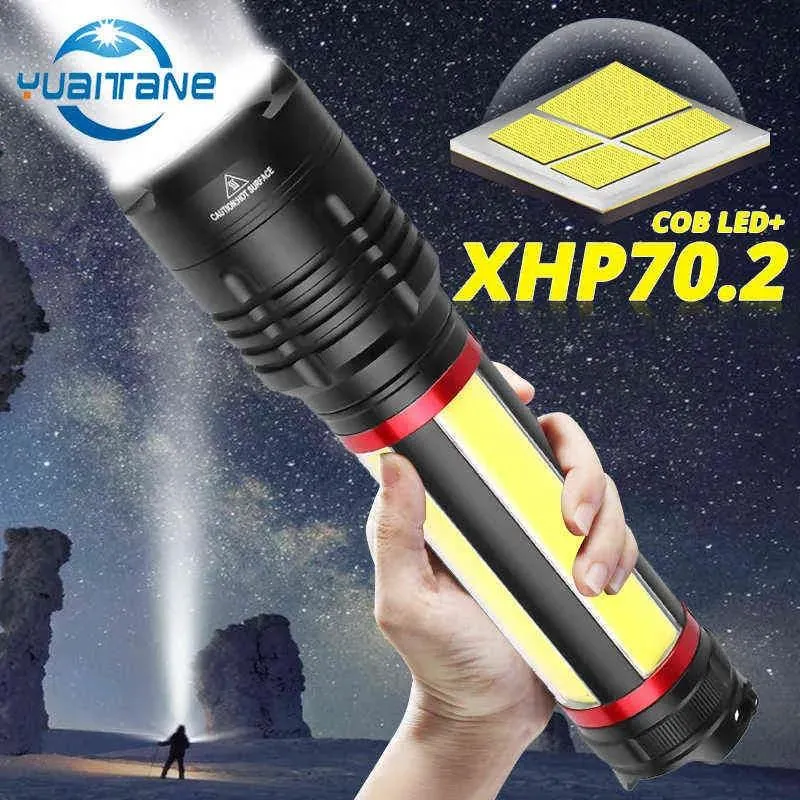 Torches أحدث محمولة تم تصميمها 7200mAh XHP70.2COB LED المصباح 7 أوضاع USB مصباح مصباح مكافأة للماء USB للتخييم للتخييم