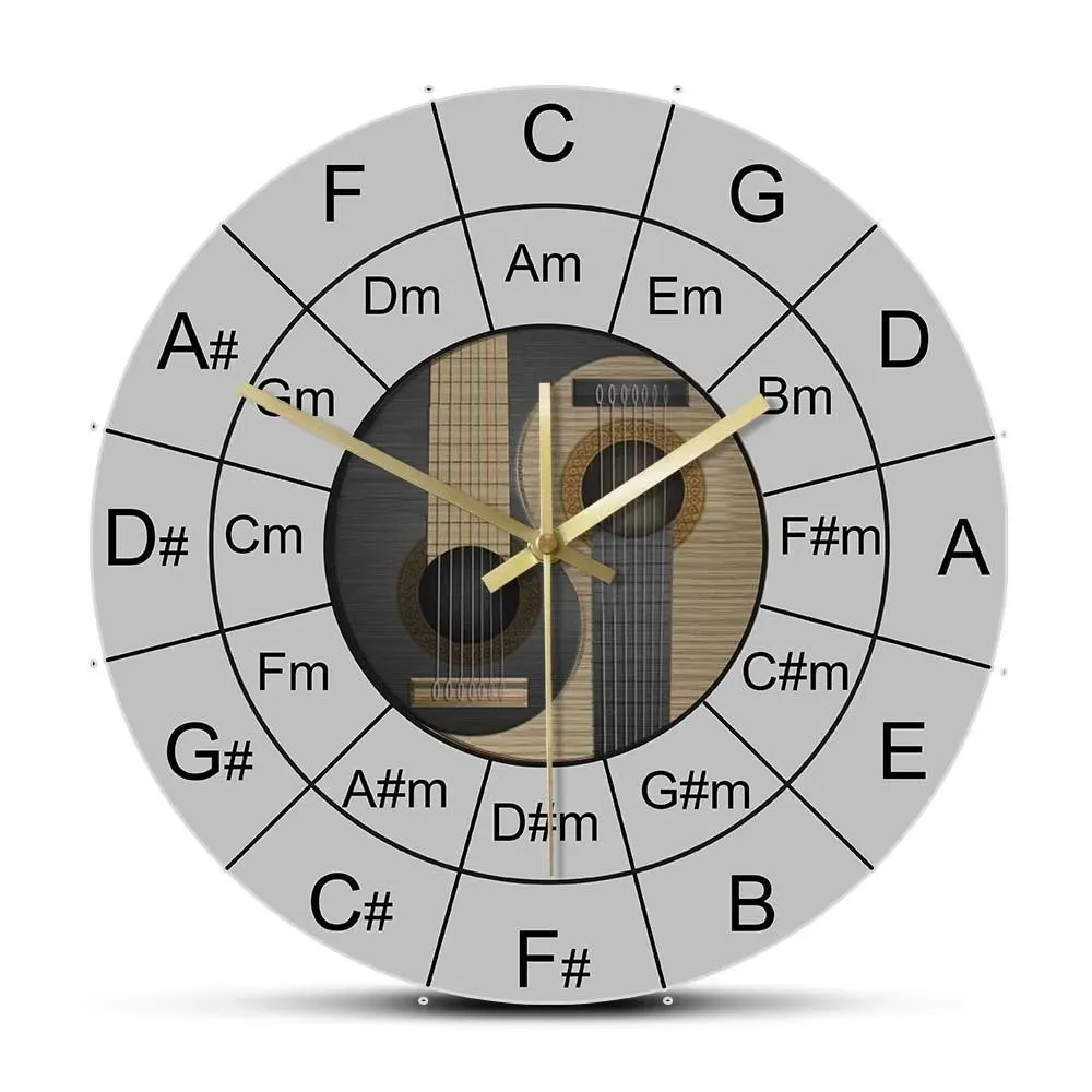 Zegarki gitarowe akordy Yin i Yang Music Wall zegar Acoustic Bass Guitar Guitar Circle of Fifths Wall Art Clock Bassist Bassist Prezent