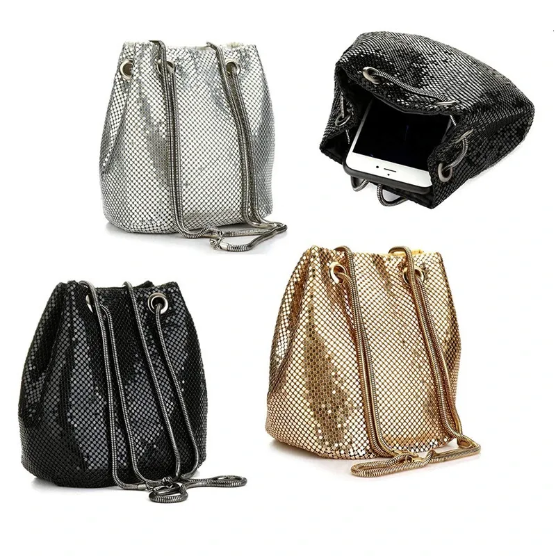 Luxury Sequin Women Drawstring Evening Påsar stor kapacitet Kvinnlig hink ryggsäck Partyväskan Shoulder Crossbody Bag Pouch 231222