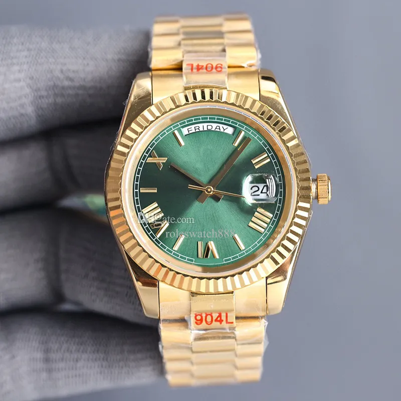 Presidente Hombre Día Fecha Oro Verde Dial Reloj Hombres Bisel inoxidable Reloj de pulsera automático 36 mm 41 mm Moda Relojes para mujer Montre Alta calidad AAA