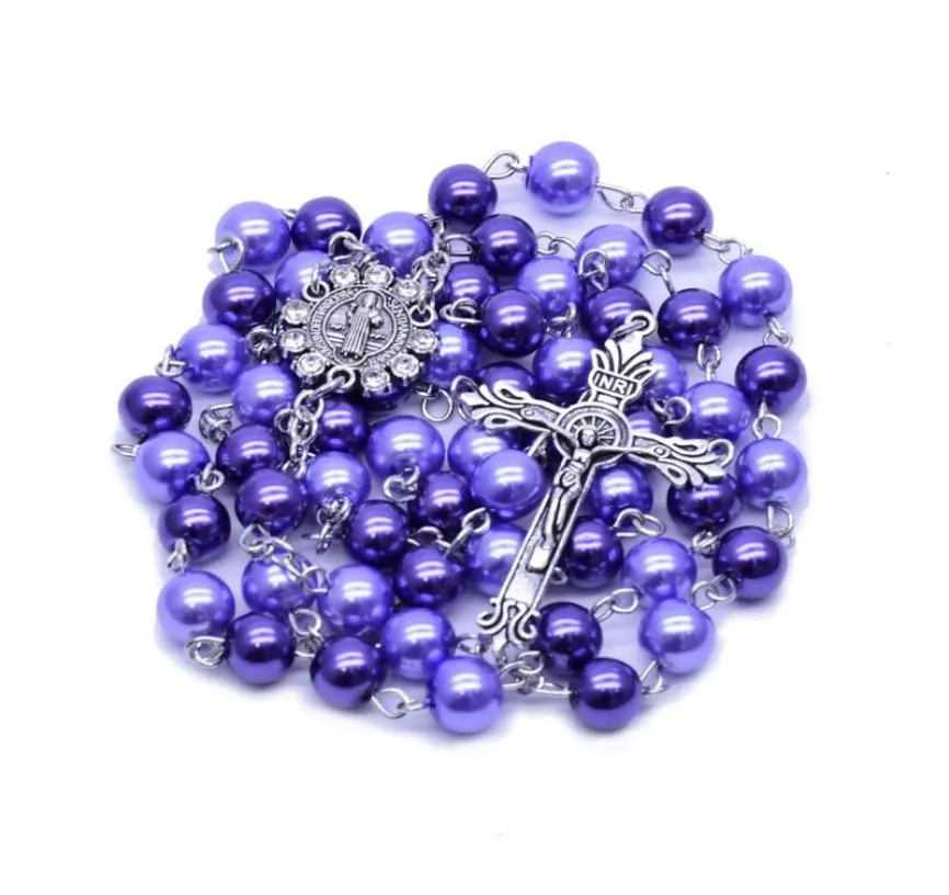 8mm Colorful Round Pearl Beads Necklace Catholic Christ Rosary Pendant Make Girls Beauty For Gift Necklaces7364646