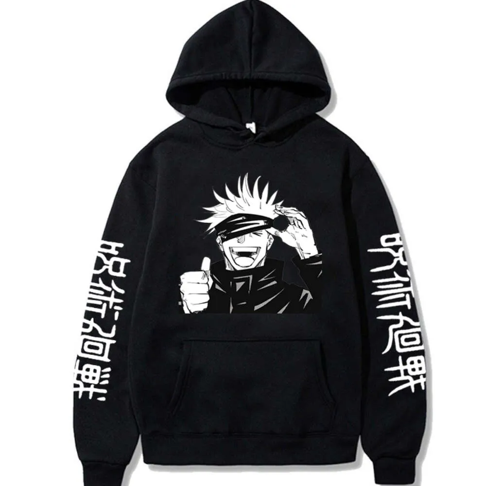 Nuove felpe anime jujutsu kaisen divertenti con cappuccio di stampa di satoru gojo unisex haruku pullover modhi