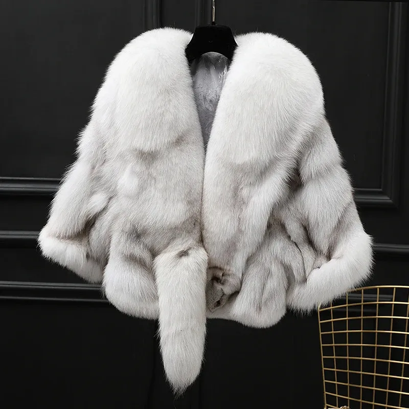 Winter Cloak Warm Women Cardigan big real Fur Collar Cape Fashion Solid Poncho With medium Sleeves Evening dress shaw 231222