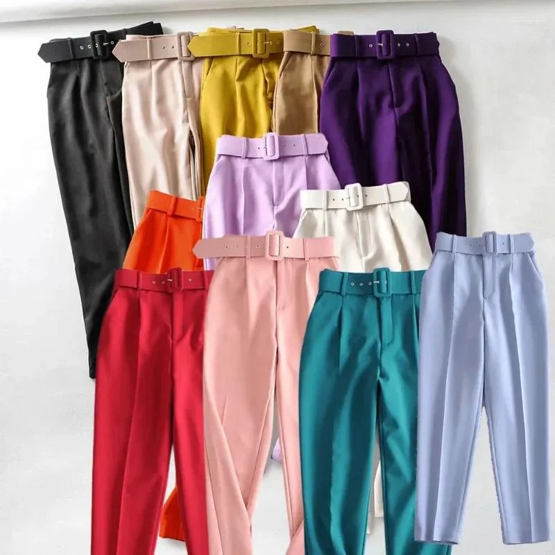 Pantaloni da donna gamba dritta con cintura con fila con cintura con cintura donna casual donna ricca gialla coltivata chic soild 2023