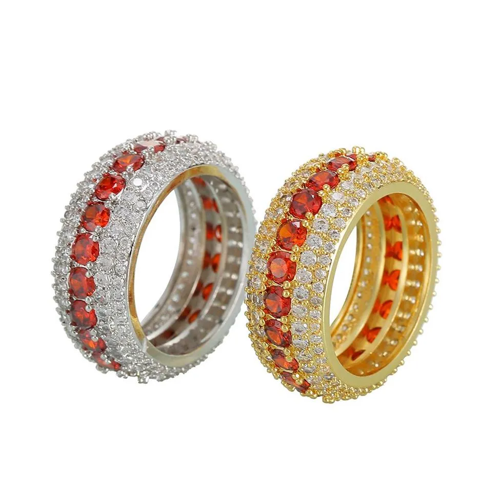 Größe 7-12 Hip Hop 5 Reihen Red Cubic Zircon Big Ring Gold Silber Farben für Männer Finger Ringe251e