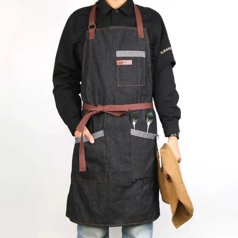 Aprons WEEYI Kitchen Apron Men Women Unisex Black Working Denim Apron Chef Restaurant Cooking Aprons For Bartender Waiter Cafe Shop BBQ 2