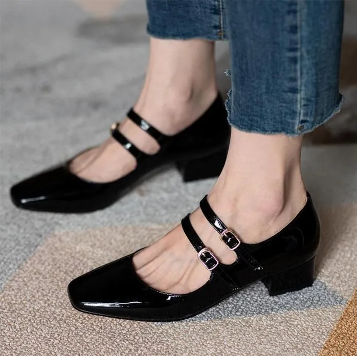 Spring Autumn Women Double Buckle Mary Janes Shoes Patent Leather