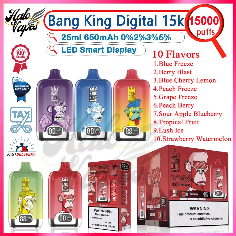 Аутентичный Bang King Digital 15000 Puff Ondestable Vape Pen 0% 2% 3% 5% Smart Display 25 мл Pod Vaper 650MAH Регарная сетчатая сетка Puffs 15K E Сигарета