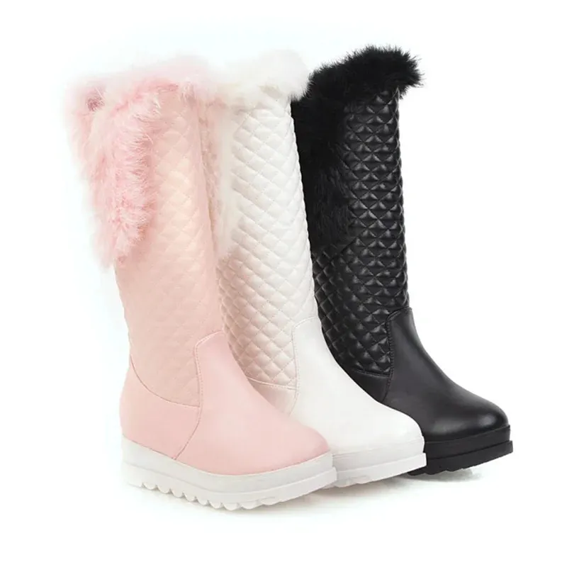Winterschuhe warme schnee -rosa Frauen weiße schwarze Keile Knie hohe Frauenqualität Plattform Pelz Plüsch lange Stiefel Mutter 2 53