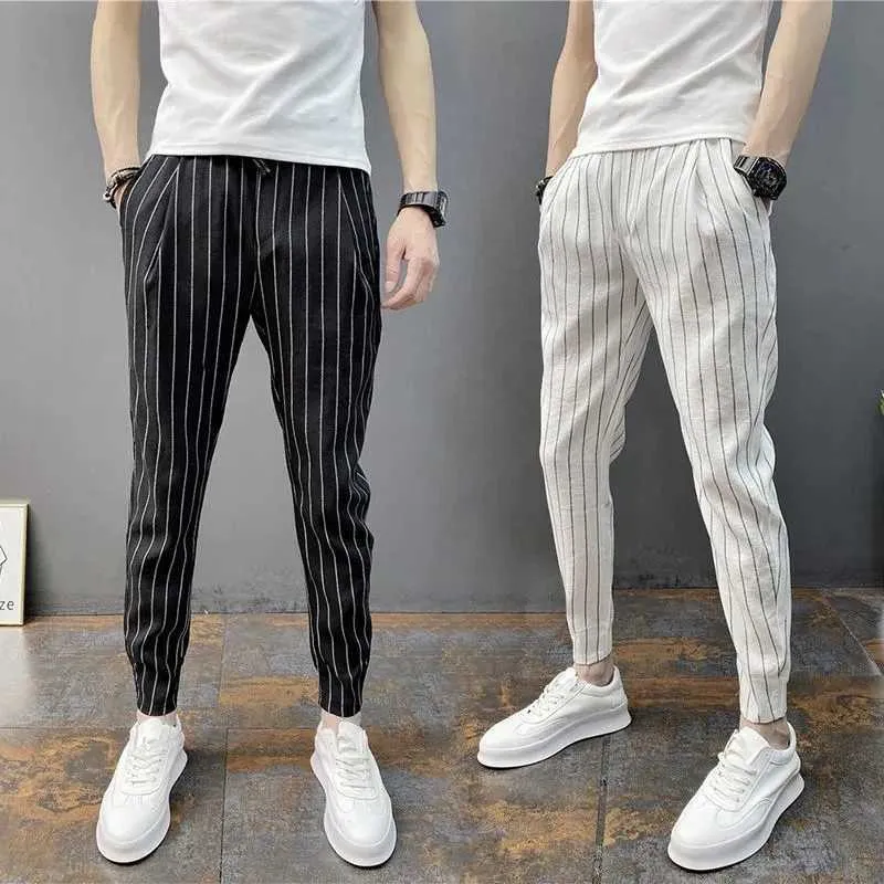 Men's Jeans Spring Summer Thin Stripe Harlan Pants Men Trend Youth Nine-Point Pants Wild Casual Korea Fashion Elastic Slim Trousers Male New J231222