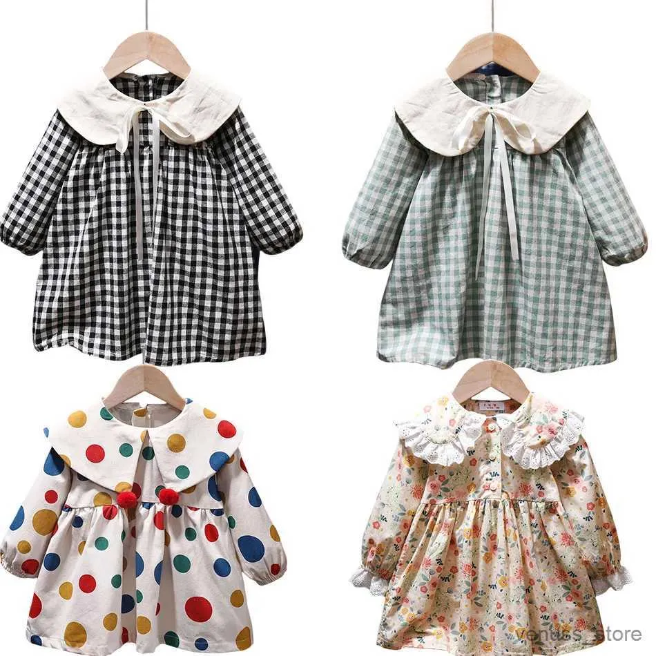 Robes de fille Belle robe à carreaux pour bébé filles Peter Pan Col Printemps Été Dot Casual Robe Enfant Floral Robe À Volants Robe Fille Robe