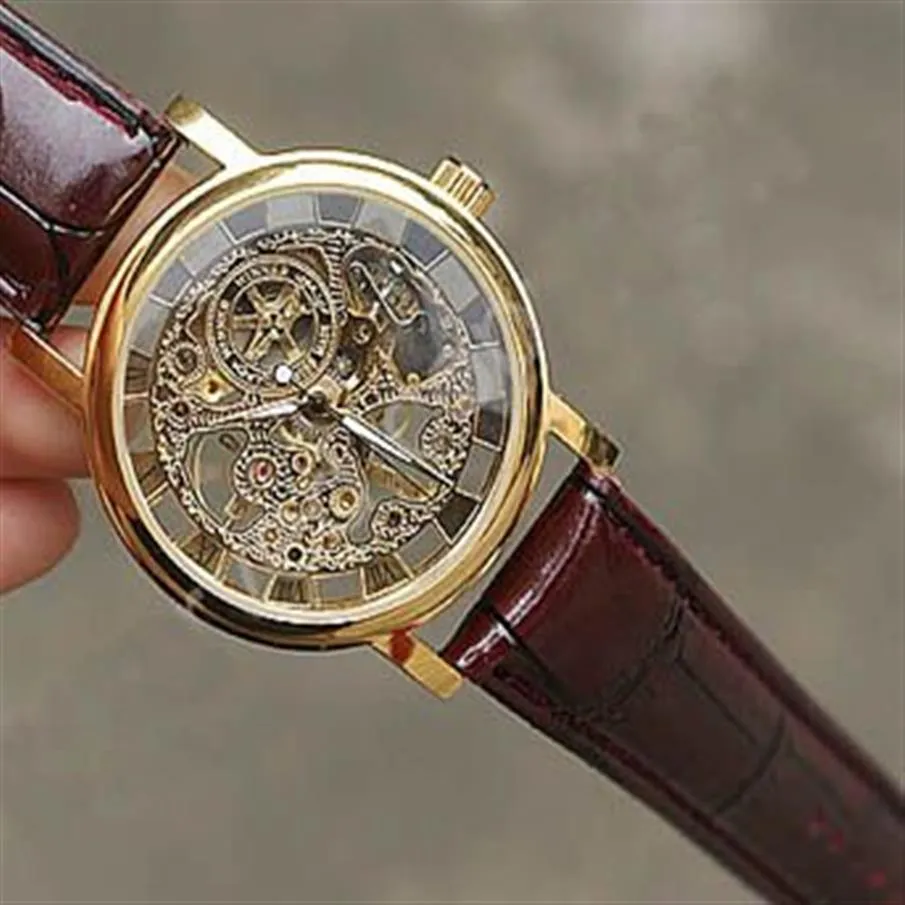 Original Brand Winner Gold Fashion Casual Stainless Mens Mechanical Watch Skeleton Hand Wind Watches For Men Leather Wristwatch Tr3128