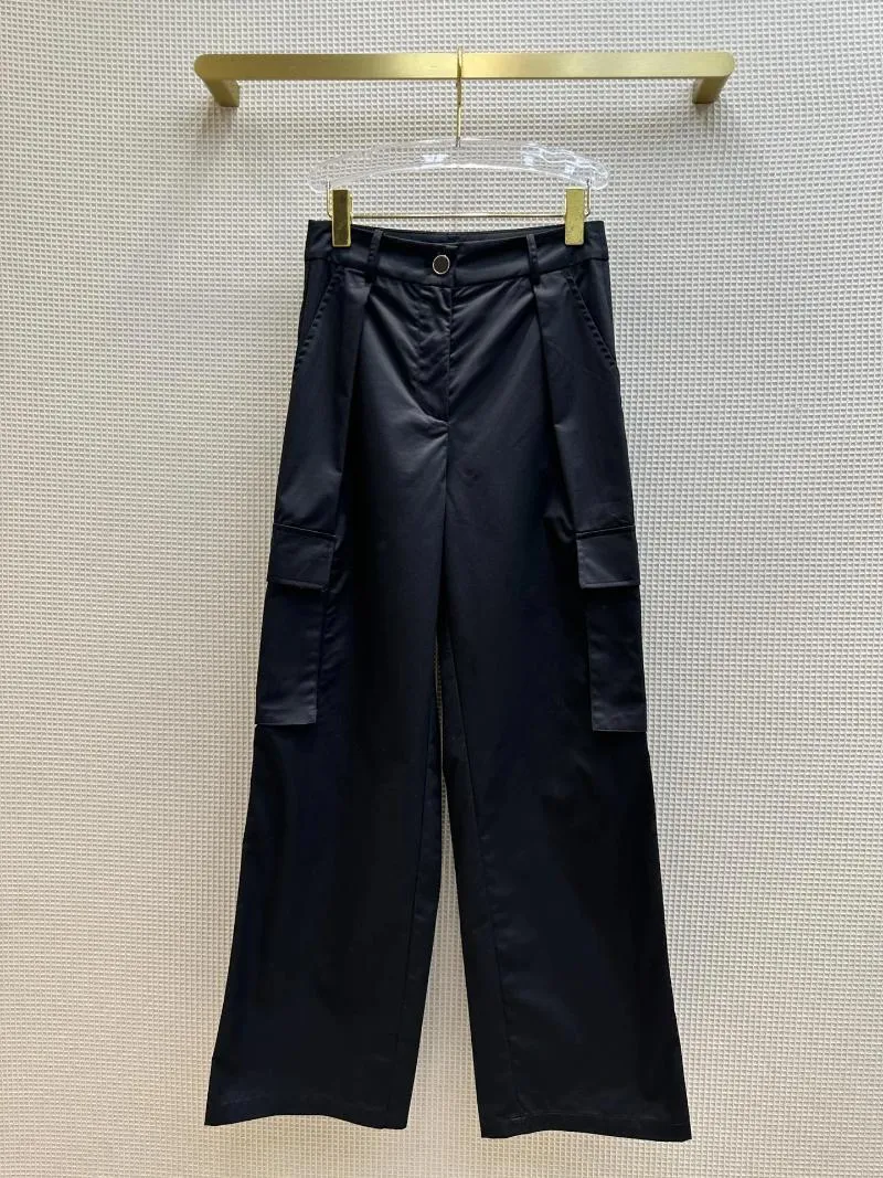 Calça feminina Black Casual Cargo Alta Design de cintura alta e oculta de carne de dois bolsos grandes