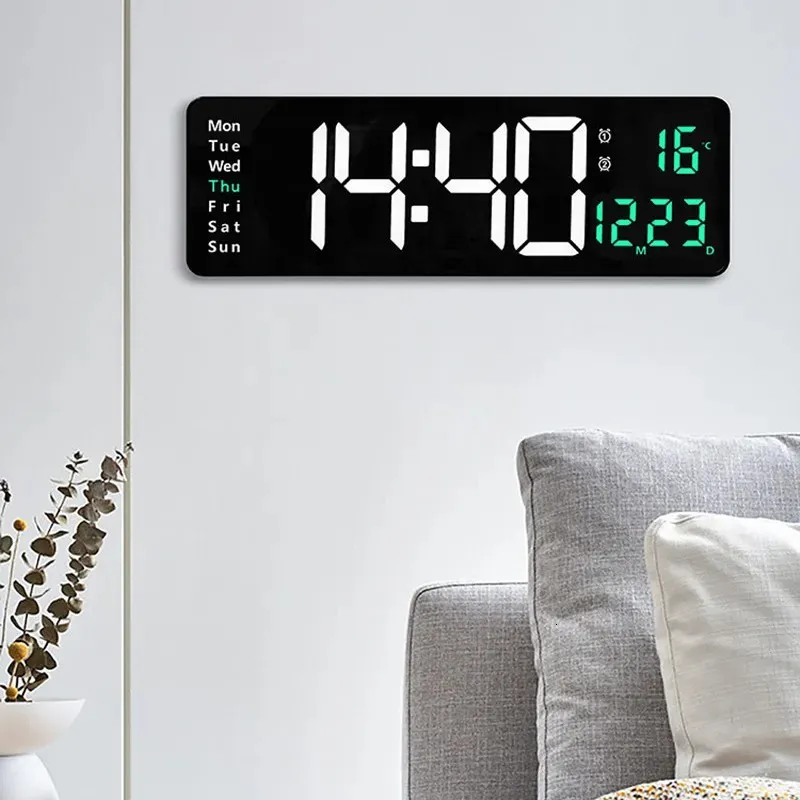 Grande horloge murale numérique Tempé de température Semaine Afficher la télécommande Coffre-Télectrice hors de la table de mémoire Wallmounted Dual Alarms LED Corloges 231221