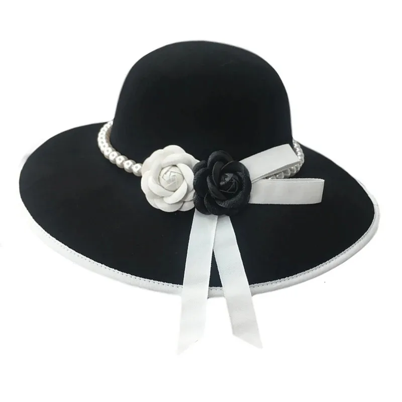 Formelle Weitkrempe weiße schwarze Blume Fedora Hut Perlen Band 100% Wolle Filz Floppy Ladies Hochzeitskirche Schweineherken Trilby 231221