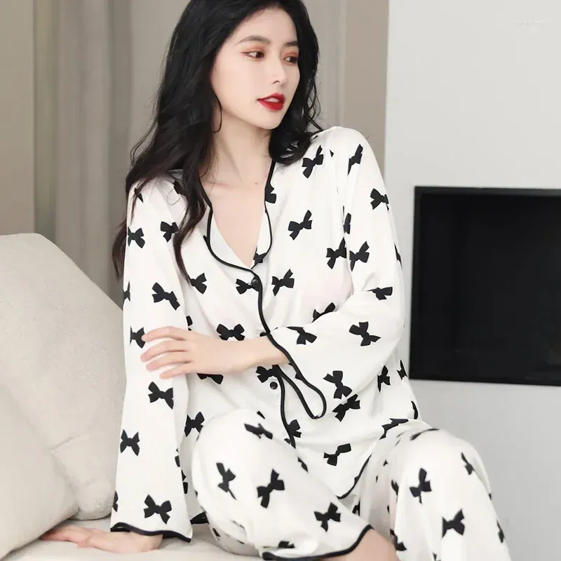 Women's Sleepwear Silk Satin Pajamas For Womens Sets Floral Long Sleeve Two Pieces Solid Color Comfort Sleep Homewear