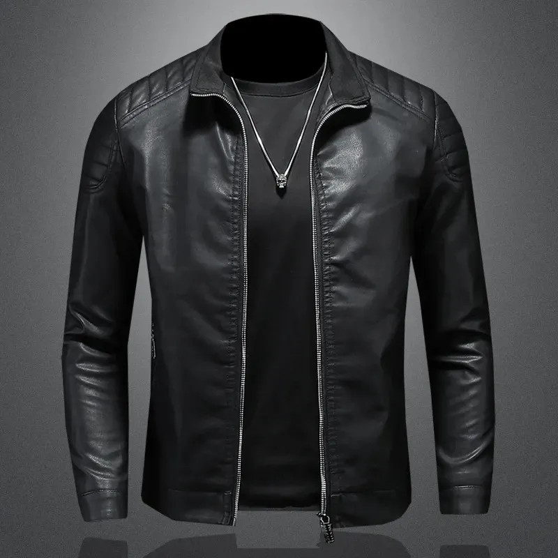 Männer stehen Kragen Jacke Leder Motorradjacke Männer Bomber Ledermantelmantel Trend Personalisierte Leder Winterkleidung 231221