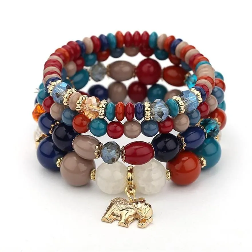 Perlenstränge böhmische Glasperlen Perlenarmband Set für Frauen im ethnischen Stil Vintage Multi-Layer Elephant Charm Bracelets309r