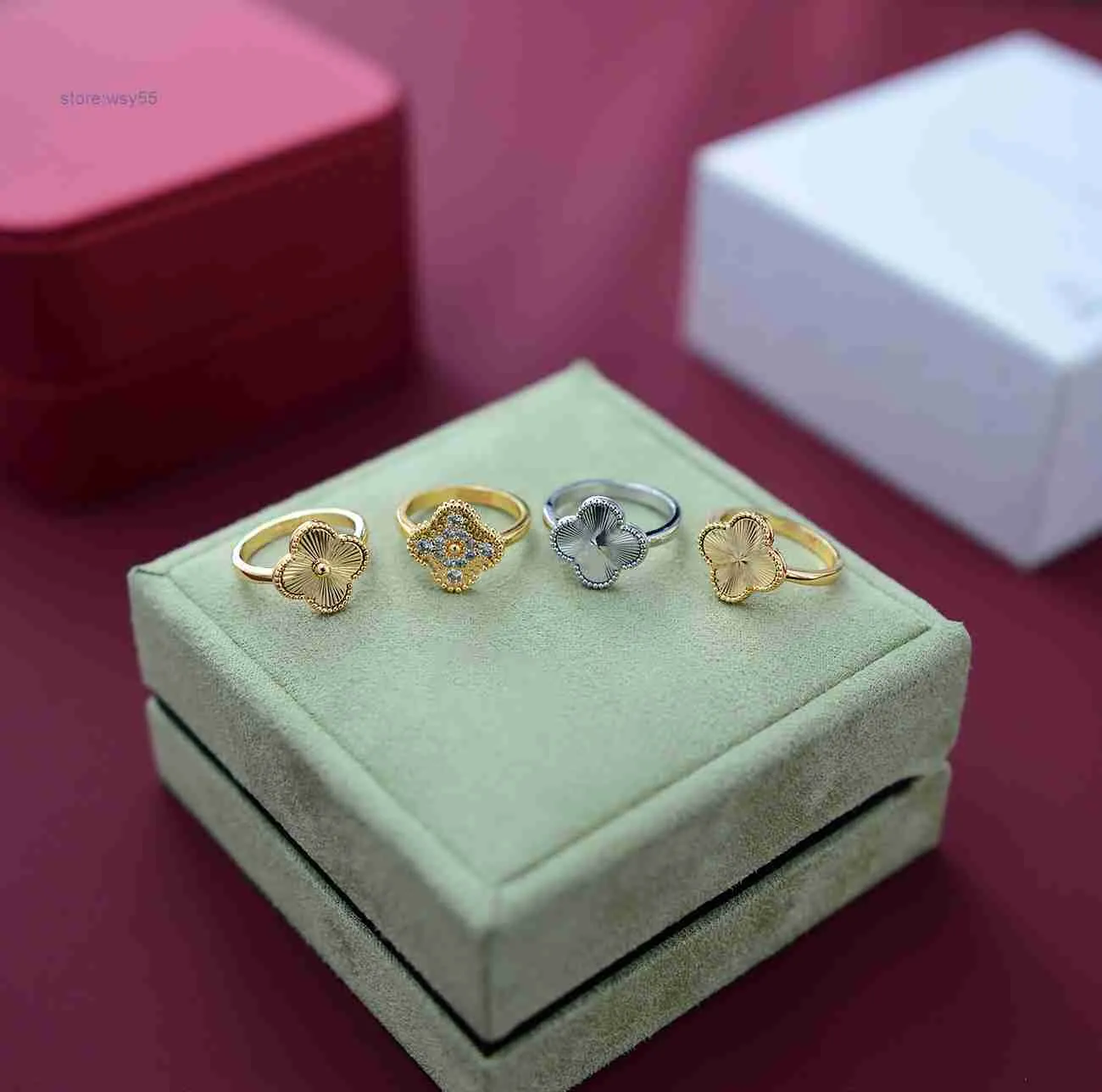 Bandringar designers smycken klöver klassiska diamant bröllop ringar av kvinna man älskar guld silver krom hjärtring valentiner mödrar dag gåva med box du akim