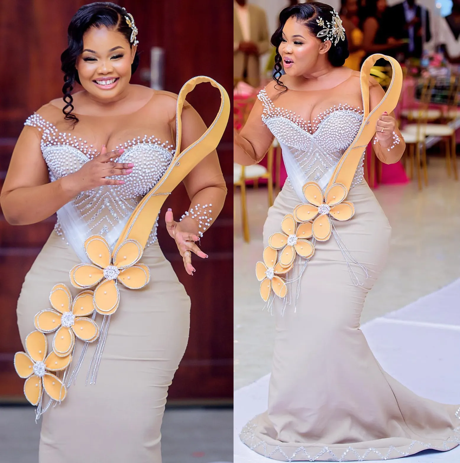 2024 ASO EBI Champagne Mermaid Prom Dress Pearls Pärled Satin Evening Formal Party Second Reception Födelsedagsengagemang klänningar klänningar mantel de soiree zj378