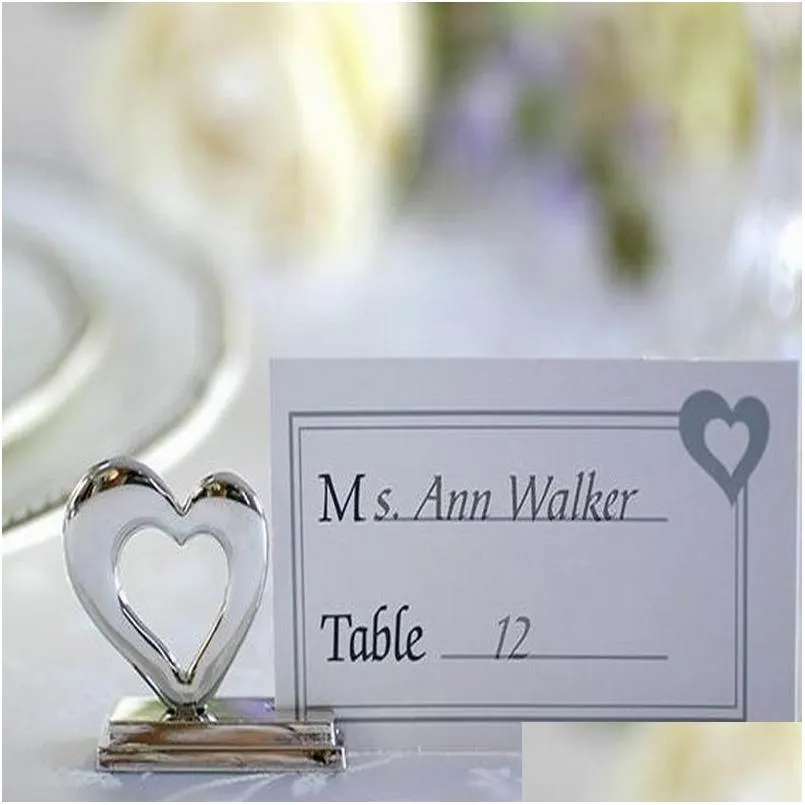 Andere Event -Party liefert 100pcs Mode Love Heart Place Card Inhaber Placard Inhaber Sier Hochzeit bevorzugt Geschenke Party Dekoration Es dhwbl