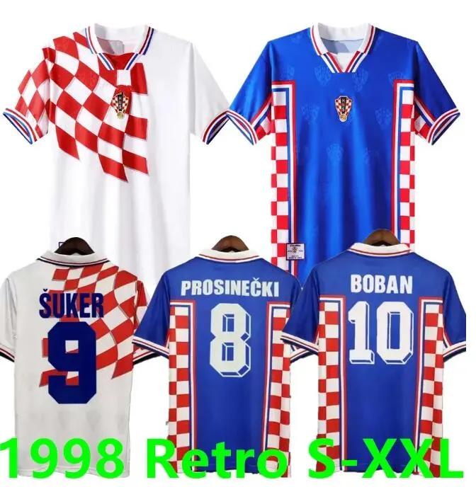 1998 Suker Boban Croatien hem borta retro fotbollströjor topp thailändsk kvalitet vintage fotboll tröjor prosinecki soldo statac bajic klassisk fotboll tröja