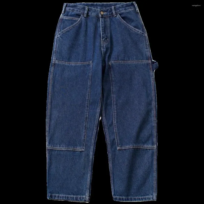 Jeans masculin style américain lavé double genou patch pantalon droit pour hommes et femmes