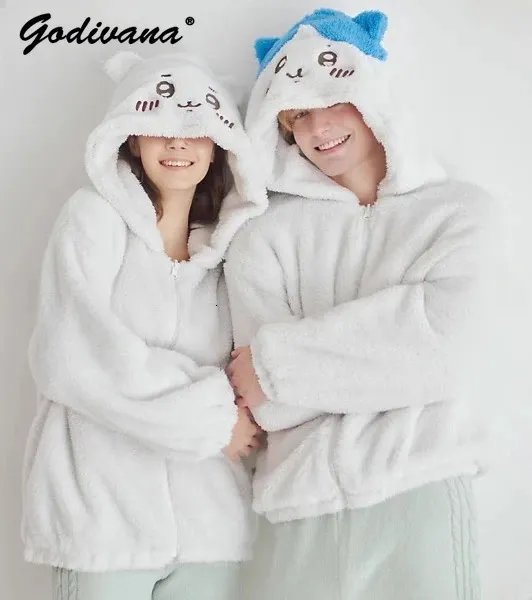 Style japonais hiver des deux côtés porte une bande dessinée à capuche pyjamas zipper manteau en peluche de loisirs lâches