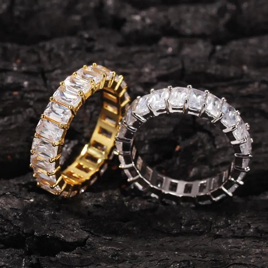 New Iced Out HipHop Cube CZ Baguette Rings Jewelery Gold Sliver Micro Paved Ring for Man Women Gift277S