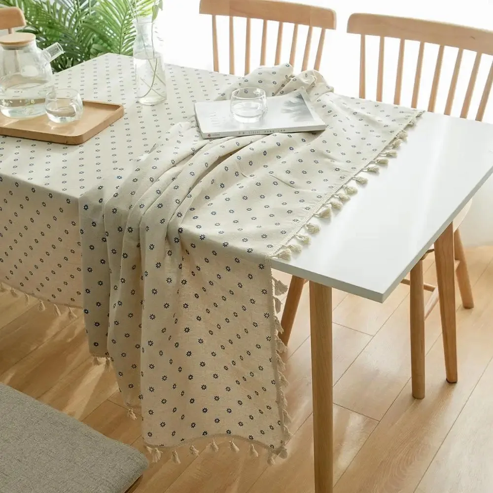 Pastoral Rectangular Linen Cotton Cloth Tablecloth Fabric Daisy Flower Printed Home Kitchen Dining Room Table Cloths Ornament 231221