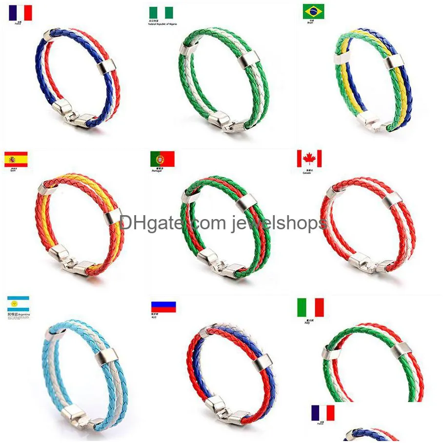 Bracelets Charm Sports Wrap Bracelets 20 Banderas nacionales Brazales de muñeca de cuero PU trenzadas para fútbol de fútbol Joyería en DHMWX