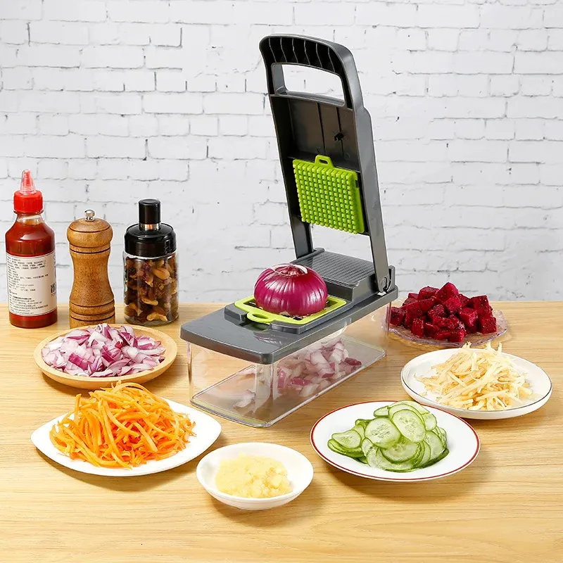 Vegetable Chopper Vegetable Cutter Mandoline Vegetable Slicer - Veggie Onion Salad Food Chopper Manual - Potato Chipper - Veg Chopper And Dicer Kitchen Tools Gadgets 6 In 1 Compact White