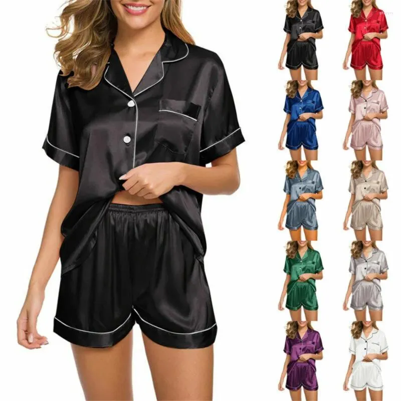 女性用スリープウェアの模倣シルクパジャマレディースパジャマセットナイトウェア半袖アイス2ピースは家の服の外で着用できます