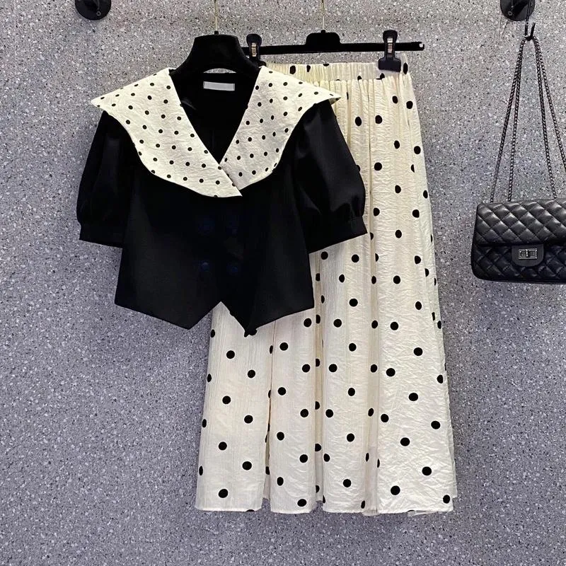 Work Dresses Elegant Polka Dot Suit Puff Short Sleeve Black Shirt