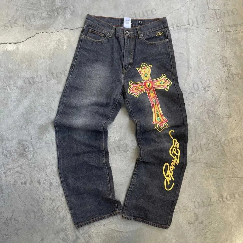 Heren jeans American Street Hip Hop High Taille Cross Print Jeans Y2K Spring en Autumn Harajuku Loose Zipper Wide Leg Pants Men's T231222