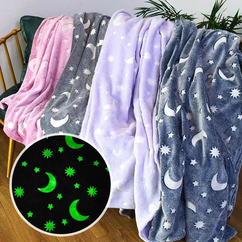 Flanela Luminous Blanket Fluorescent para Glow Summer In The Dark Childrens Aniversário Presente Lightweight Travel Cobertores 231221
