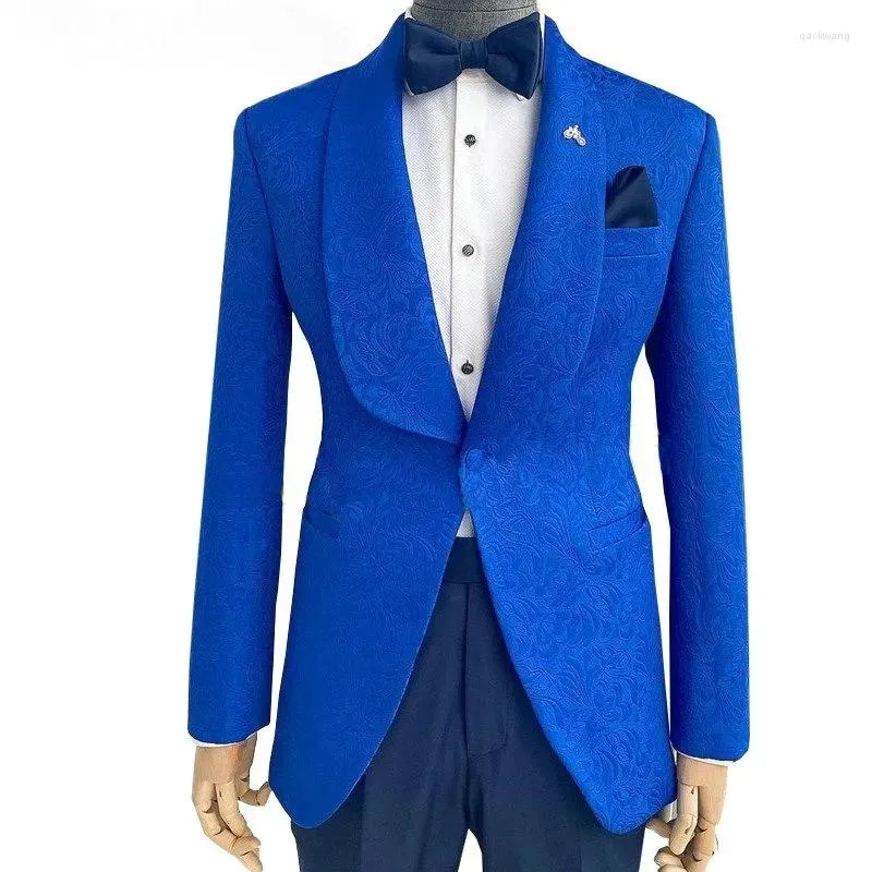 Męskie garnitury królewskie niebieskie szczupły fit mężczyzn 2pcs kurtka kostium Homme szal lapowy wzór ślubny Tuxedo Masculino Blazer Spodery