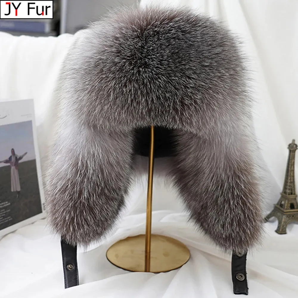 Hiver Men's 100% Real Silver Fox For Fur Bomber Hat Raccoon Fur Ushanka Cap Trapper Russian Man Hats Ski Caps Real Leather 231221