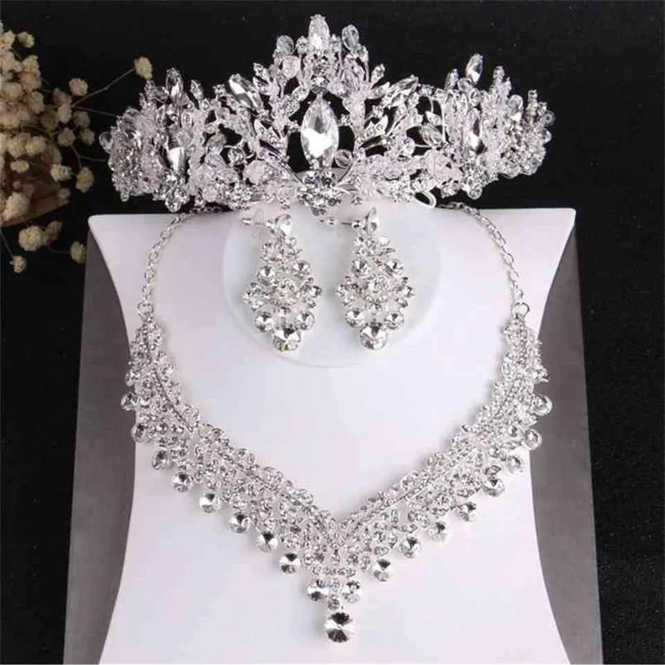 Barokke luxe kristallen kralen bruids sieraden sets tiaras kroon ketting oorbellen bruiloft Afrikaanse set 2107012218