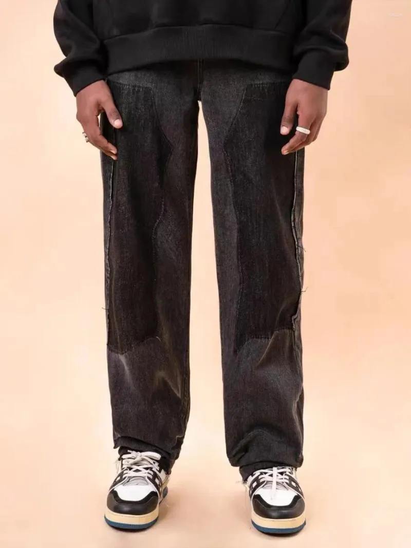 Jeans masculinos harajuku reta de retalhos de retalhos folgados para homens e mulheres calças de cargo casuais de jeans de jeans casuais