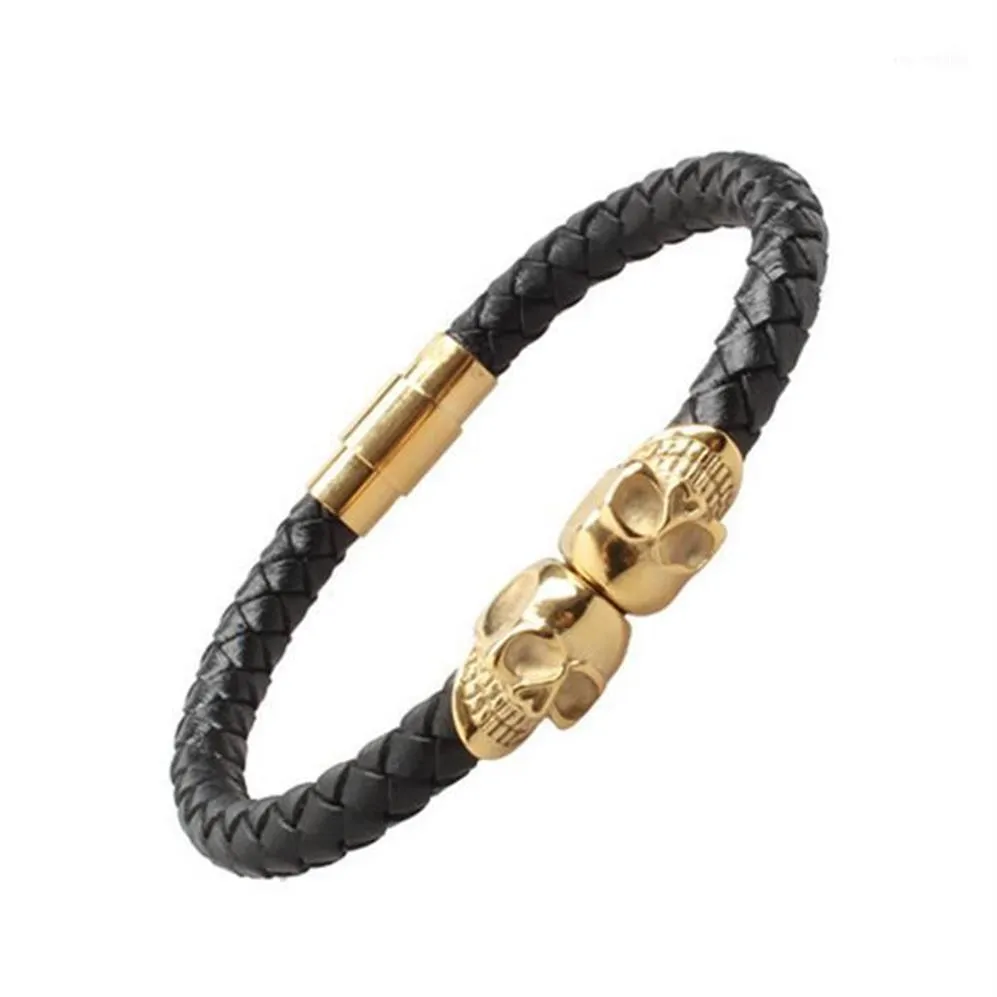 Manschettflätat läderband armband män gotisk punkskalle i fast titan rostfritt stål dia 8mm guld ros silver svart färg1219d