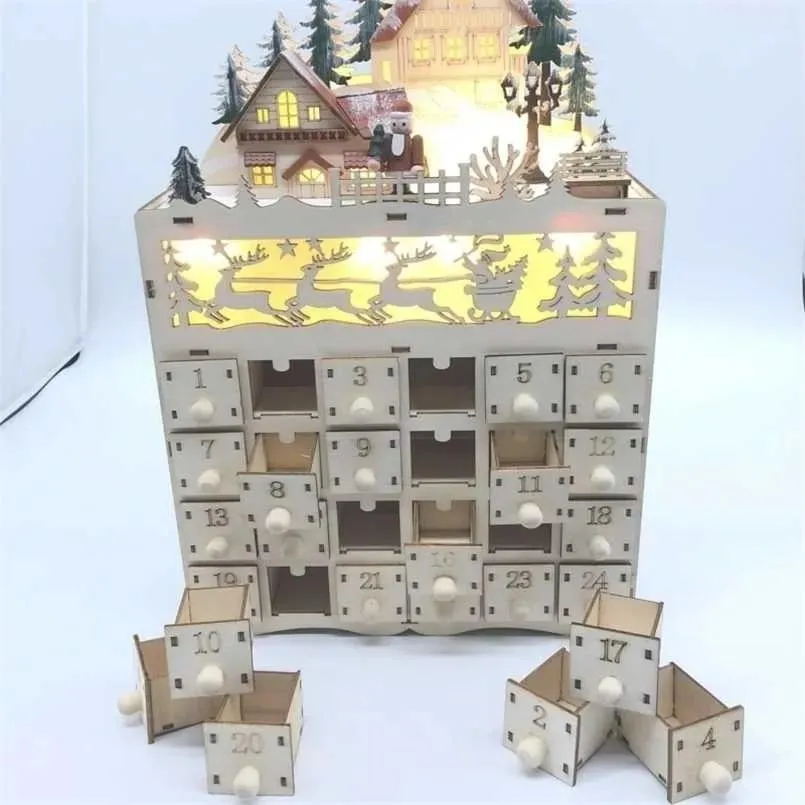 Decorazioni di nevoso natalizio calendario dell'avvento in legno decorazione 24 cassetti con ornamento leggero a led 211105