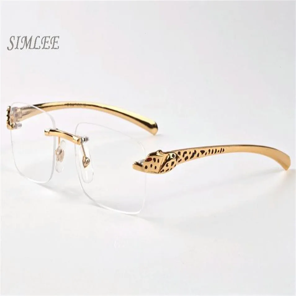 2018 Vintage Designer Solglasögon för män Kvinnor Rimless Buffalo Horn Glasses Gold Leopard Frames Billiga solglasögon Kvinnor Eyeglasses242C