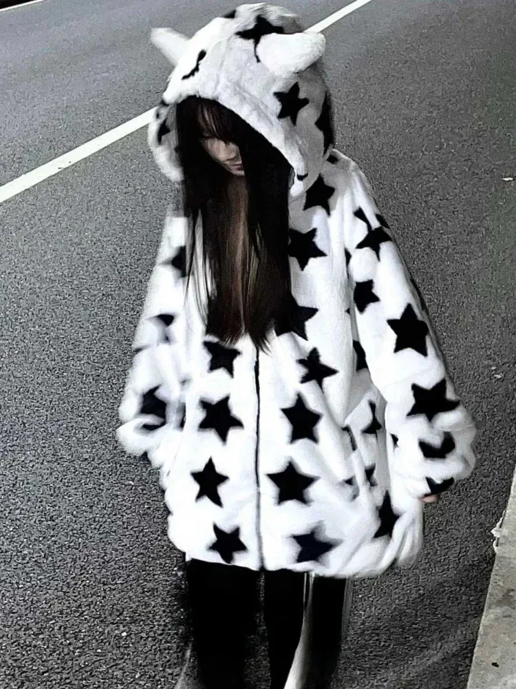 Houzhou y2k Oversize Fluffy Cow Hoodies Lamb Down Milk Korean Fashion Kpop Streetwear Zip Up Hooded Sweatshirt Dames herfst 231221