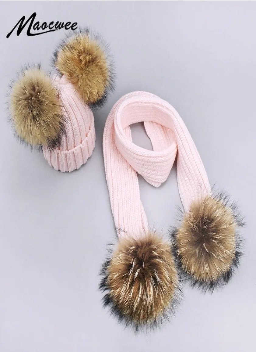 Pom Pom Hat Scarf Women Kids Winter Acrylic Beanies Hats Real Fur Pompon Hat Cap Girl Warm Knitted Solid Pink White Hats Scarves Y8727054